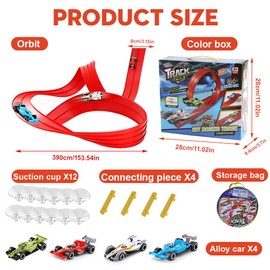 KBIBCK Speed Track Race Track, 4 M Racing Track Children, Roll-Up Race Track for Children, Flexible Race Track with 12 Suction Cups and 4 Cars, Gifts for Boys and Girls from 3 Years (Red)