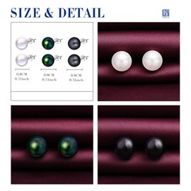 Yumilok 3 Pairs Women's Pearl Stud Earrings Diameter 8 mm White Black Green Nickel-Free Earrings Set for Children Girls, Sterling Silver