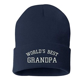 Worlds Best Grandpa Beanie Cap - Grandfather Embroidered Beanies (Navy)