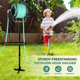 Favormony 2025 Garden Hose Reel - Heavy Duty Outdoor Turntable Water Hose Holder, 100 ft Hose of 5/8" with Sturdy Cross Base, Height Adjustable 360 Degree Rotate Freestanding Hose Stand for Yard Lawn