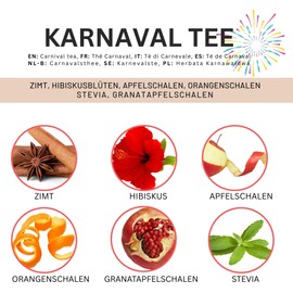 Biomatea 150g Karnaval Früchte Tee | für 25 Tassen Früchtetee | Früchte Mischung Zimt-Hibiskusblüten-Apfel,-Orangenschalen-Granatapfelschalen-Stevia, Heiß oder Kalt genießen