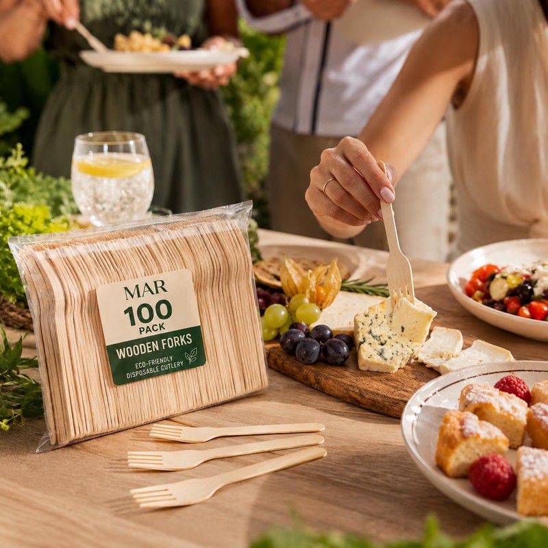 MAR Wooden Forks 100 Pack Disposable Cutlery Compostable for Parties