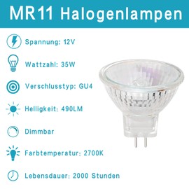 EKSAVE MR11 Halogen Bulbs 12 V 35 W GU4 Bi-Pin Base Spotlight Dimmable Glass Cover 35 mm Diameter Warm White 2700 K (Pack of 8)
