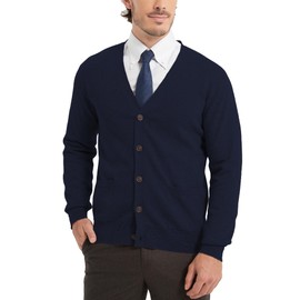 KALLSPIN Men's Cardigan Sweater Pure Cotton V-Neck Button Knitted Cardigan with Pockets(Navy Blue, Medium)