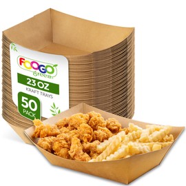 FOOGO Green 50pcs Party Paper Food Trays 680ml (23oz), FSC® Certified, 21.7x17.3x6.5cm, Preassembled Large Takeaway Food Boxes, Eco-Friendly Water & Oil-Proof, Disposable Cardboard Serving Trays