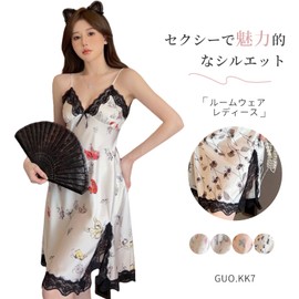 Guo.KK7 Women's Pajamas, Dress, Neglige, Sleepwear, Slit, Thin, Hollow, Color Matching, Splicing, Lace, Chiffon Chest, Camisole, Embroidered, Romantic Gown, See-through, Sexy, Fashion, Spring, pink