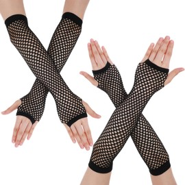 Quilax 2 Pairs Fishnet Gloves, Fishnet Long Gloves, Fingerless Mesh Glove, 80s Party Cosplay Costume Accessories, Fish Net Arm Sleeves for Women Girls