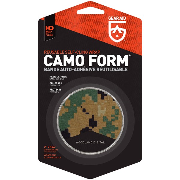GEAR AID Camo Form Self-Cling and Reusable Camouflage Wrap, Woodland Digital, 2” x 144” Roll