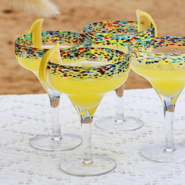 Margarita Glasses – Set of 4 - Luxury Hand Blown Confetti Margaritas, Cocktails, Water, Wine, Dessert, Martini & Champagne Cinco de Mayo, Hand Blown - Mexican Confetti Design Glass, Party, Home & Bar