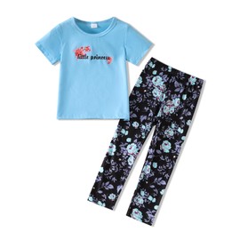 Lianpyxa Toddler Kid Girl Clothes Floral Letter Graphic short-sleeved top long pants 2PC Spring/Summer Outfit Set(5-6T)
