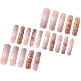 FNKFNK Curved Press on Nails Long Fake Nails with 3D Gold Embossed Designs Glossy Pink Floral False Nails Reusable White Gradient Rhinestones Full Cover Glue on Nails for Women 24Pcs