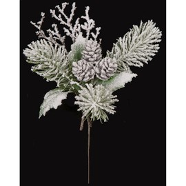 SilksAreForever 9" Flocked & Glittered Artificial Mixed Pine & Pinecone Stem -White/Green (Pack of 24)