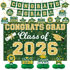2026 Graduation Decorations Set - Class of 2026 Congrats Grad Backdrop Banner, 2026 Grad Ceiling Décor and Table Centerpieces for College High School Classroom Grad Party Supplies (Green Gold)