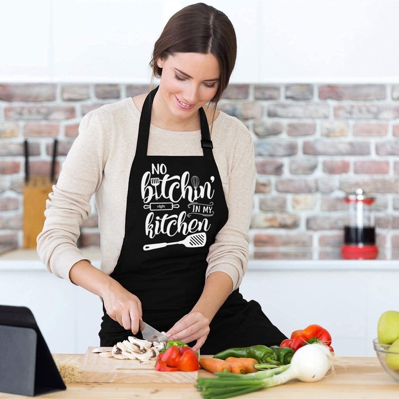 Qoibraze Funny Cooking Apron, Black Chef Aprons with Adjustable Neck