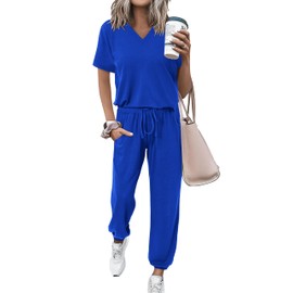 MASCOMODA Womens 2 Piece Outfits Summer Casual V Neck Short Sleeve Tops Long Pants Tracksuit Lounge Jogger Set with Pockets, Royal Blue, Large