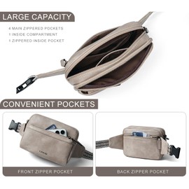 LATMAP 3L Fanny Pack Crossbody Bags for Women Men 4-Zipper Pockets Belt Bag Sling Waist Pack Faux Leather Chest Bag Purse Greyish