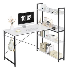 CubiCubi Computer Corner Desk with Storage Shelves, 47 Inch Reversible Small L Shaped Computer Desk, Home Office Writing Desk with 2 Hooks, Warm White