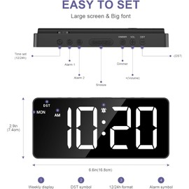 OQIMAX Digital Alarm Clock, LED Digital Alarm Clock with 2 Alarms, Snooze, Digital Clock with 2 Output Charging Port, Adjustable 5 Brightness and 3 Alarm Volume, Table Clock with Date, 12/24H, DST