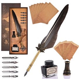 GOLDGE Quill Feather Pen, Antique Dip Quill Pen Calligraphy Writing Ink Pen, Feather Fountain Pen Set with 5 Replacement Nibs, Ink, Pen Holder, 8 Writing Papers and 4 Envelopes
