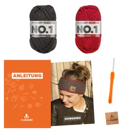 myboshi Shinshiro Crochet Set with No. 1 Wool, Needle and Instructions for Hats and Headbands, Crochet Pack, 30% Merino Wool, Grey, Red with Circular Knitting Needle