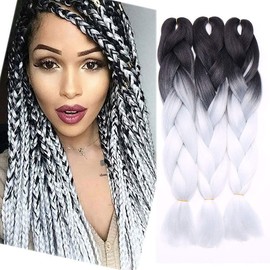 Hair Extension 60 cm Crochet Braids Two Tone Ombre Braiding Hair Synthetic Braid 3 Pieces / 300 g - Dark Black to White