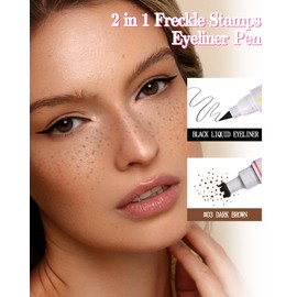 2 in 1 Freckle Stamps Eyeliner Pen, Dark Brown Liquid Freckle Stamp & Black Eyeliner Pencil for Summer Sunkissed Makeup, Waterproof Long Lasting Natural Lifelike Fake Freckles Quick Dry Makeup Pen-03