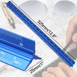 Kyuionty Metric Engineer Scale Ruler 12 Inch, Aluminum Laser-Etched Triangular Architectural Scale Civil Drafting Tool, Metric Scale 1:100, 1:200, 1:300, 1:400, 1:500, 1:600 (Blue)