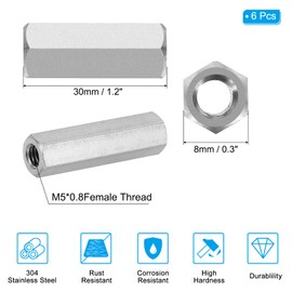 PATIKIL M5 x 0.8 Pitch 304 Stainless Steel Hex Coupling Nuts 6pcs 30mm/ 1.2" Length Coarse Fully Threaded Rod Coupling Nut Stud Connector Fastener Silver Tone
