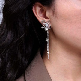 Atentuyi Long Rhinestone Tassel Earrings Silver Wedding Rhinestone Earrings Pearl Flower Earrings Crystal Drop Earrings CZ Chain Earrings Jewellery for Women and Girls, Zinc