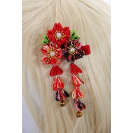 C-115-1 Red Black Handmade Sakura Cherry Blossom Fabric Flowers Tassels Hair Clip Hair Clip Hair Clip Japanese Geisha Kimono Accessory