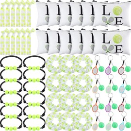 Nuogo 60 Pcs Tennis Party Favors Tennis Gifts Includes 12 Mini Racket Keychain 12 Charm Bracelets Cosmetic Bag Hair Scrunchies and Hair Ties for Sport Lovers Girls Team