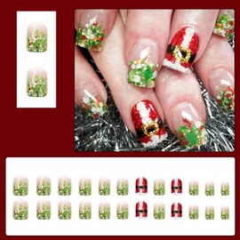 RIICFDD Christmas Press on Nails Short Square Fake Nails Red Green False Nails Santa Claus Glue on Nails Glitter Acrylic Nails Full Cover Sequin Stick on Nails for Women Nail Art Decoration 24 Pcs