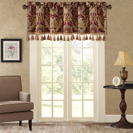 Loom and Mill Luxury Damask Valances for Windows, Thick Chenille Jacquard Window Curtain Valance with Handmade Multi-Tassels, Rod Pocket Blackout Short Curtain 1 Panel, 54” x 18”, Red Brown