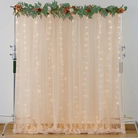 10×8ft Champagne Tulle Curtain Backdrop with Lights String for Parites, Sheer Backdrop Curtain Drapes for Wedding Photo Baby Shower Photography Birthday Party