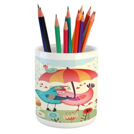 Ambesonne Love Pencil Pen Holder, Birds in the Rain with an Umbrella Colorful Valentine's Day Romantic Illustration, Printed Ceramic Pencil Pen Holder for Desk Office Accessory, Multicolor