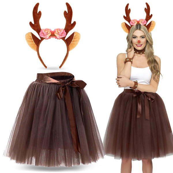 Bluelves Women's Reindeer Costume, Reindeer Blossoms Headband and Tutu, Vintage Lace Skirt, Carnival Deer Costume, Animal Costume Adult for Women, Halloween, Carnival, Christmas, Cosplay Costume Party