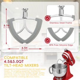 Batidor de borde flexible de acero inoxidable, accesorios de paleta de batidor plano y accesorios para mezclador de Kitchenaid, se adapta a cuencos mezcladores de soporte de cabeza inclinable de 4.5 a