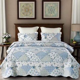 VIVILINEN Blue Patchwork Quilt Set King Size Reversible Quilted Bedspread Coverlet 3-Piece Floral Lightweight Comforter Stitched Bedding Set Bed Sheet Cover Blanket with 2 Pillow Shams for All Season