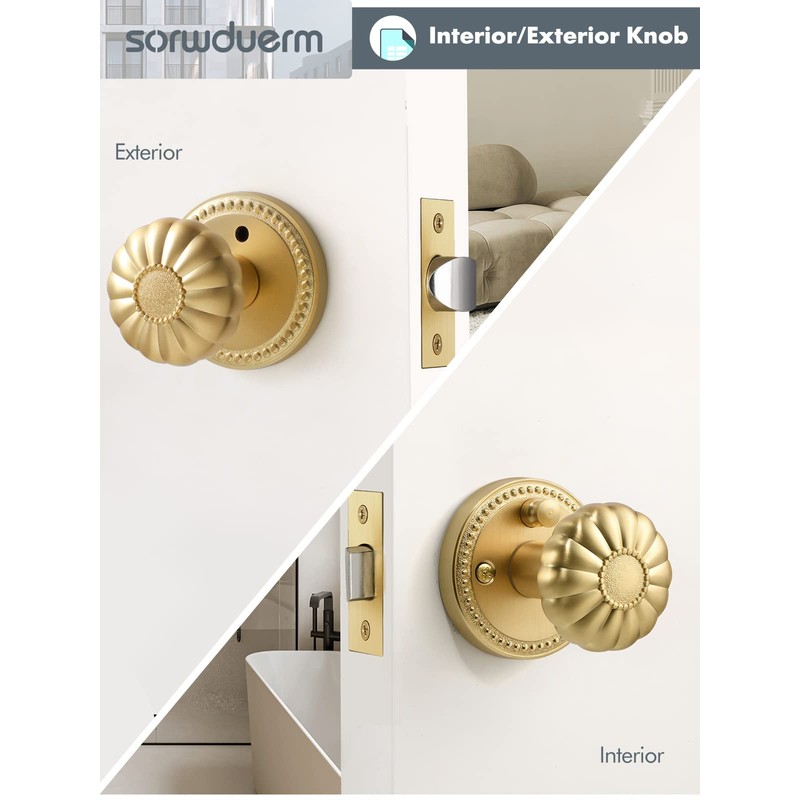 SORWDUERM Gold Door Knobs Privacy Door Knob Satin Brass Door