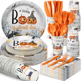 Dandat 350 Pcs Baby Shower Plates Set Baby Shower Party Supplies Serves 50 Tableware Sets Include Plates Napkin Cup Forks Knives Spoons Disposable Dinnerware for Boy Girl(Boo)