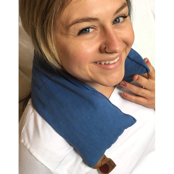 Hot Cherry Pit Pillow Neck Wrap, (Blue Denim, Natural-Dyed) Natural Moist Heat Neck Muscle Pain, Tension Relief, Headaches, Arthritis, Hot/Cold Therapy, Microwavable