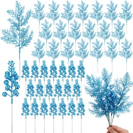 Cindeer 80 Pcs Christmas Glitter Berries Stems and Christmas Glitter Artificial Pine Needles Artificial Christmas Picks Fake Floral Twig Picks Christmas Decorations for Tree Garland (Light Blue)