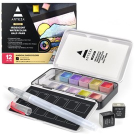 ARTEZA Metallic Watercolor Paint Set – 12 Iridescent Half Pans, Compact Travel Palette with Brush for Painting, Journaling & Mixed Media