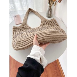 SweatyRocks Women's Large Hollow Out Shoulder Bag Knitted Crochet Mesh Shopping Tote Beach Bags Khaki one-size
