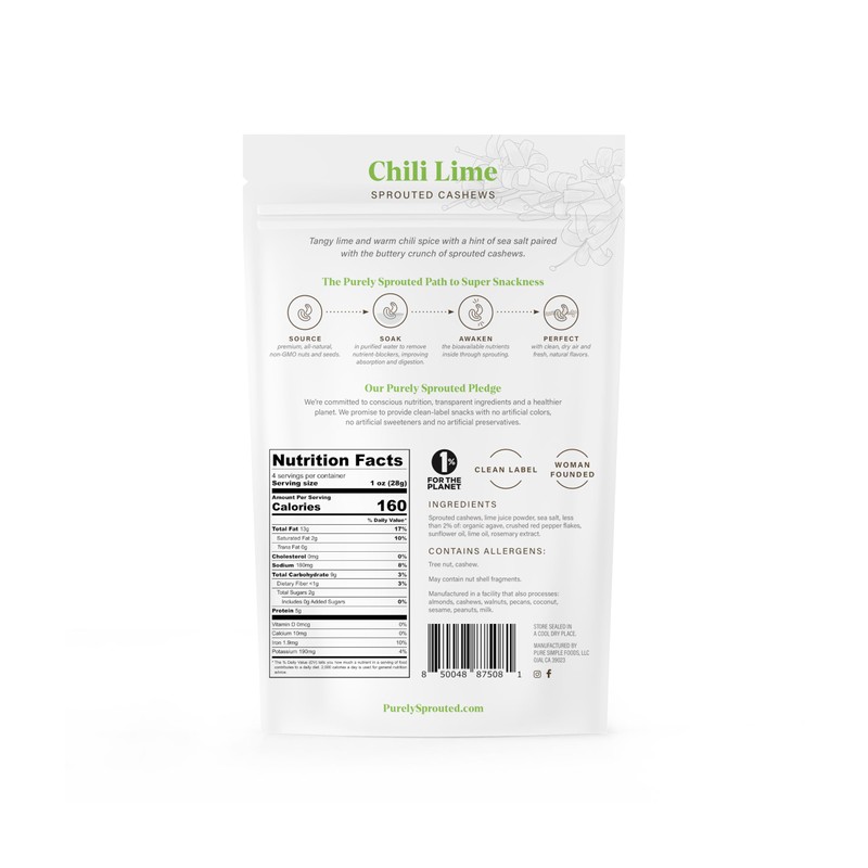 Purely Sprouted Cashews Chili Lime Sea Salt, Non-GMO Superfood for