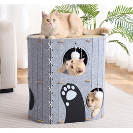 Cat House for Indoor Cats,2-Storey Felt and Wood Plank Cat Cave Bed for Multiple Large Cats,Original Design Modern Cat Hideaway Houses & Condos,Clawsable Foldable Scratch Resistant Cat Tunnel,Grey
