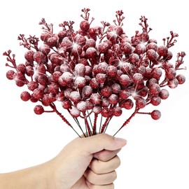 16 Pieces Artificial Glitter Berries Stems, 8-Inch Frosted Christmas Picks Berry Sprays Twig Glitter Holly Berry Branches for Xmas Tree Fillers Ornaments, Wreath, Crafts, Home Holiday Decor (Red)