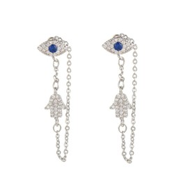 Blue Evil Eye Protection Hamsa Hand of Fatima Ear Jacket Dangle Drop Earrings for Women Girls 925 Sterling Silver Post Pin Delicate Fashion Statement Sparkling Stud Lucky Jewelry Gift (Silvery)