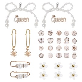Bellaqueo 34Pcs White Flower Shoe Charm for Sneakers Girls, Shoe Lace Charms Clips, Pearl Bows DIY Shoelace Charms, Junk Socks Kit for Women, Jewelry Making Kits