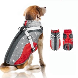 AUTOWT Abrigo de Invierno para Perros con Arnés Desmontable, Forro Polar Impermeable Ropa Cálida Pequeños Medianos, Chaqueta Peluda Reflectante Ajustable Chaleco para Cachorros Caminar Aire Libre